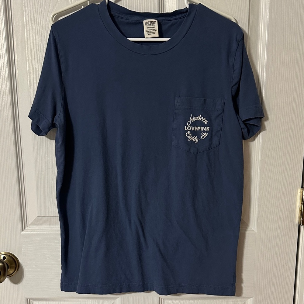 PINK Victoria's Secret Blue Tee with puffy silver glitter graphic